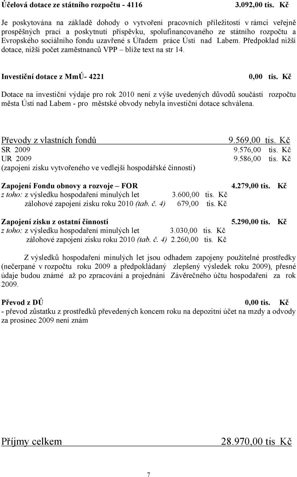 uzavřené s Úřadem práce Ústí nad Labem. Předpoklad nižší dotace, nižší počet zaměstnanců VPP blíže text na str 14. Investiční dotace z MmÚ- 4221 0,00 tis.