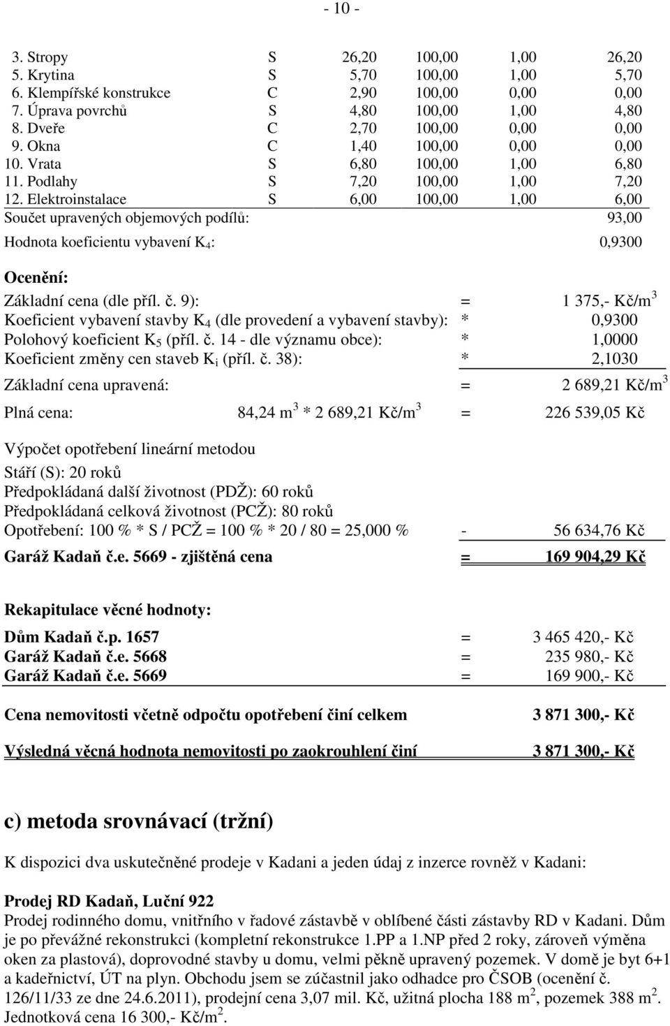 Elektroinstalace S 6,00 100,00 1,00 6,00 Součet upravených objemových podílů: 93,00 Hodnota koeficientu vybavení K 4 : 0,9300 Ocenění: Základní cena (dle příl. č.