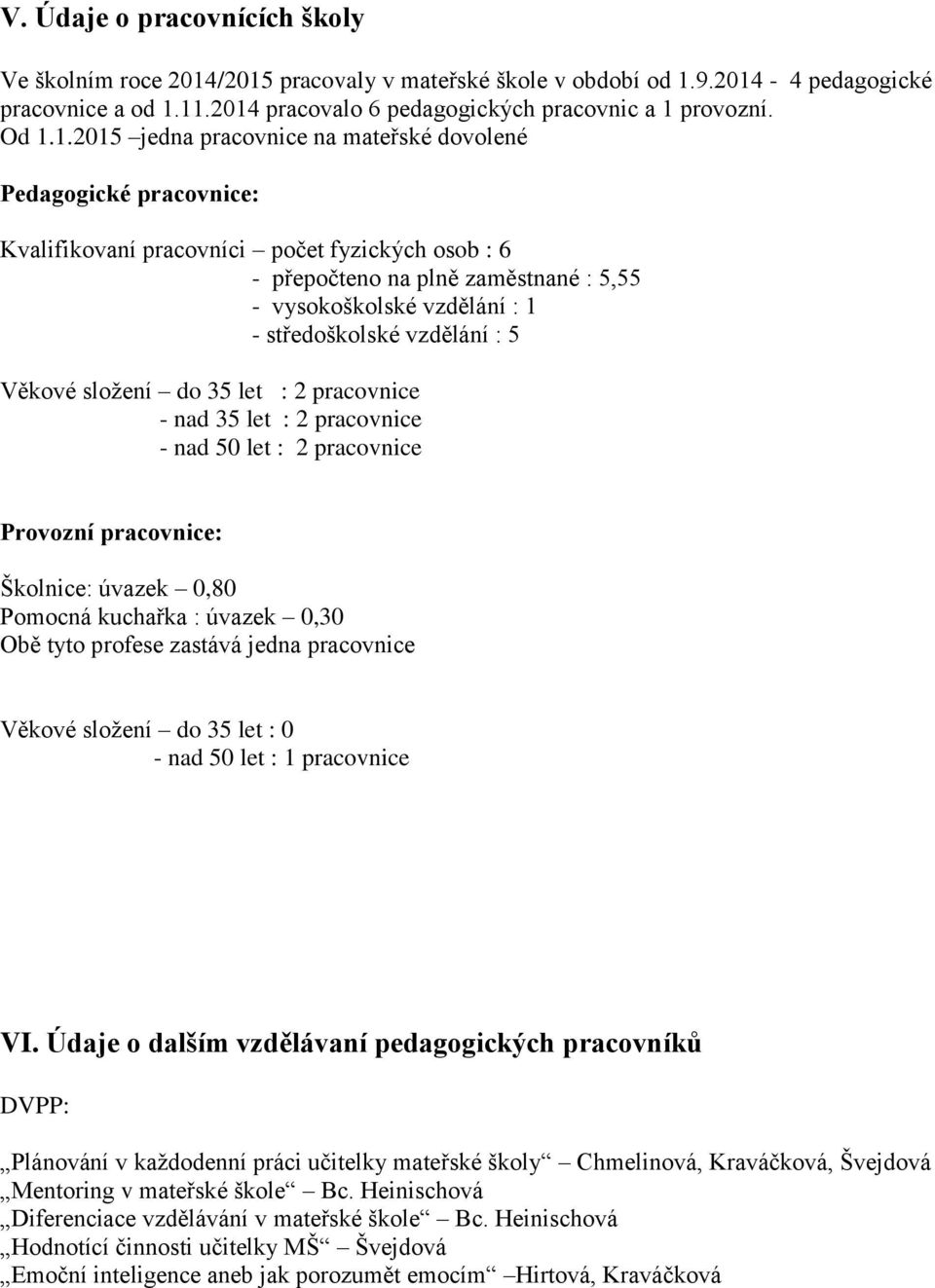 středoškolské vzdělání : 5 Věkové složení do 35 let : 2 pracovnice - nad 35 let : 2 pracovnice - nad 50 let : 2 pracovnice Provozní pracovnice: Školnice: úvazek 0,80 Pomocná kuchařka : úvazek 0,30