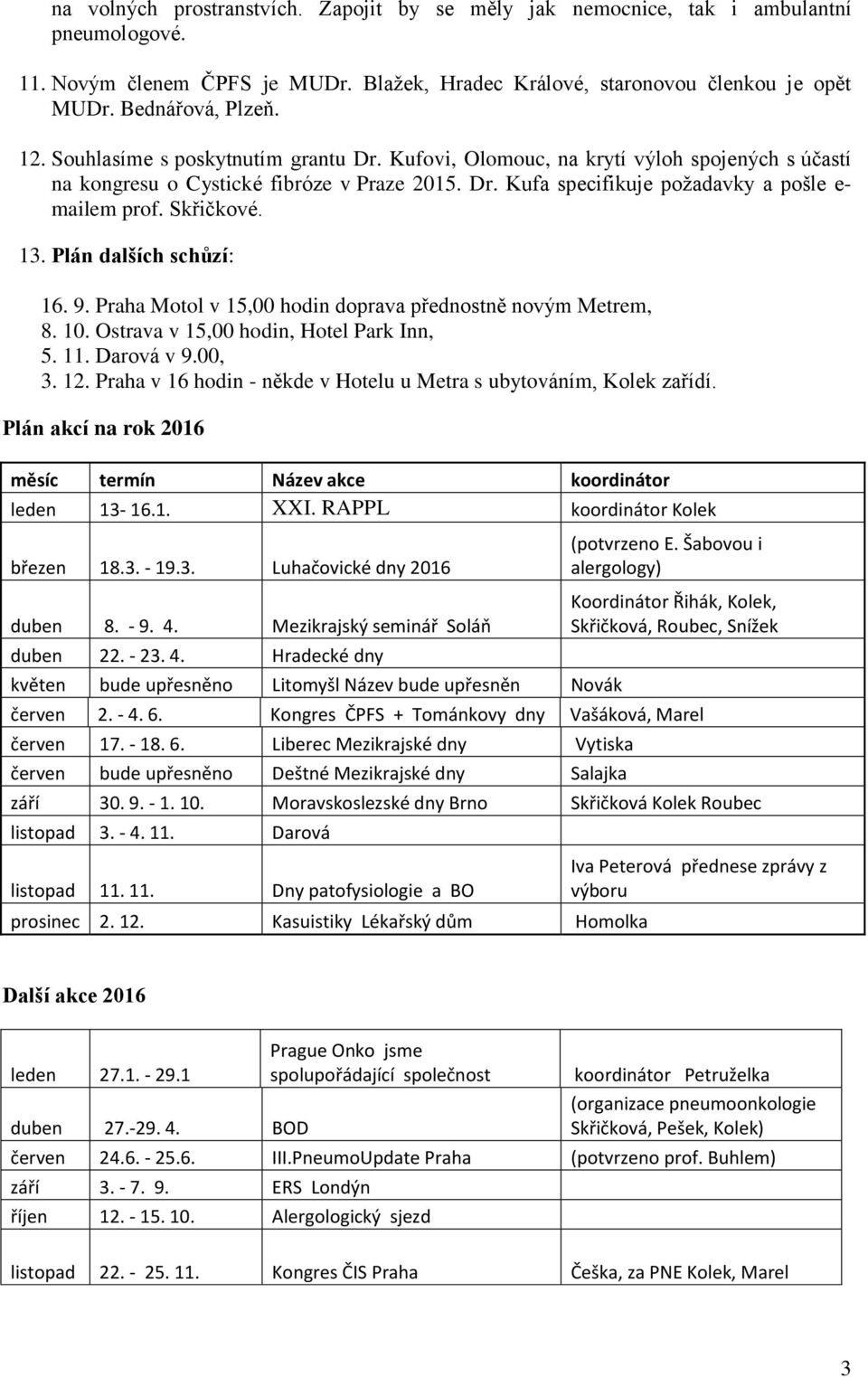 Skřičkové. 13. Plán dalších schůzí: 16. 9. Praha Motol v 15,00 hodin doprava přednostně novým Metrem, 8. 10. Ostrava v 15,00 hodin, Hotel Park Inn, 5. 11. Darová v 9.00, 3. 12.