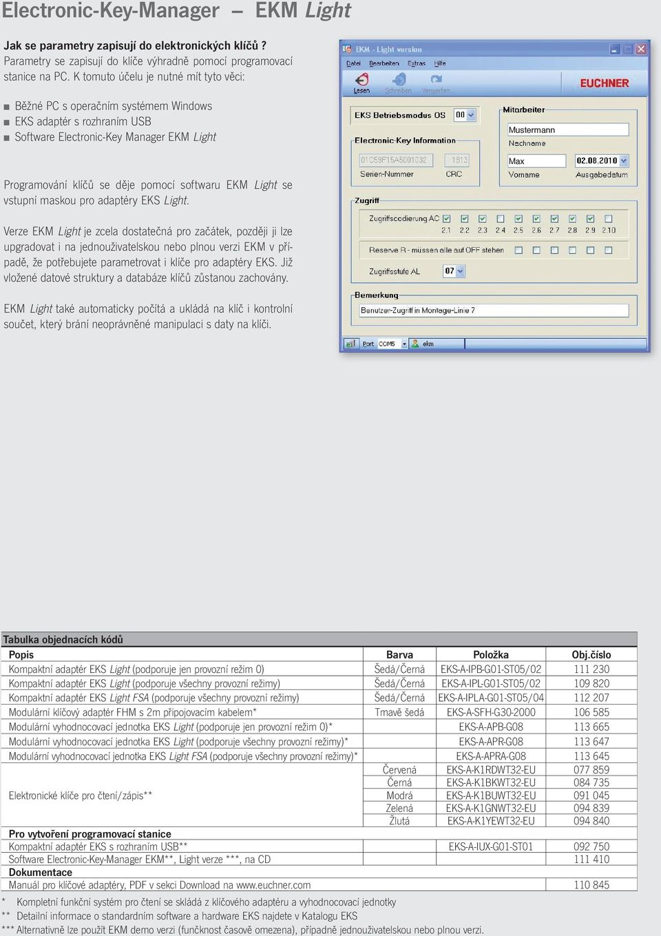 softwaru EKM Light se vstupní maskou pro adaptéry EKS Light.