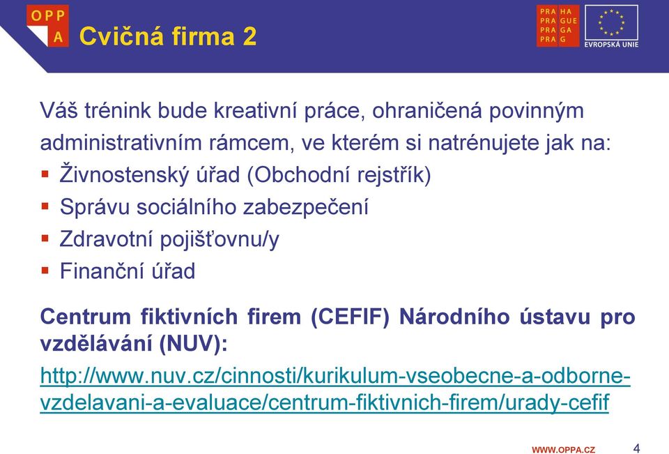 pojišťovnu/y Finanční úřad Centrum fiktivních firem (CEFIF) Národního ústavu pro vzdělávání (NUV):