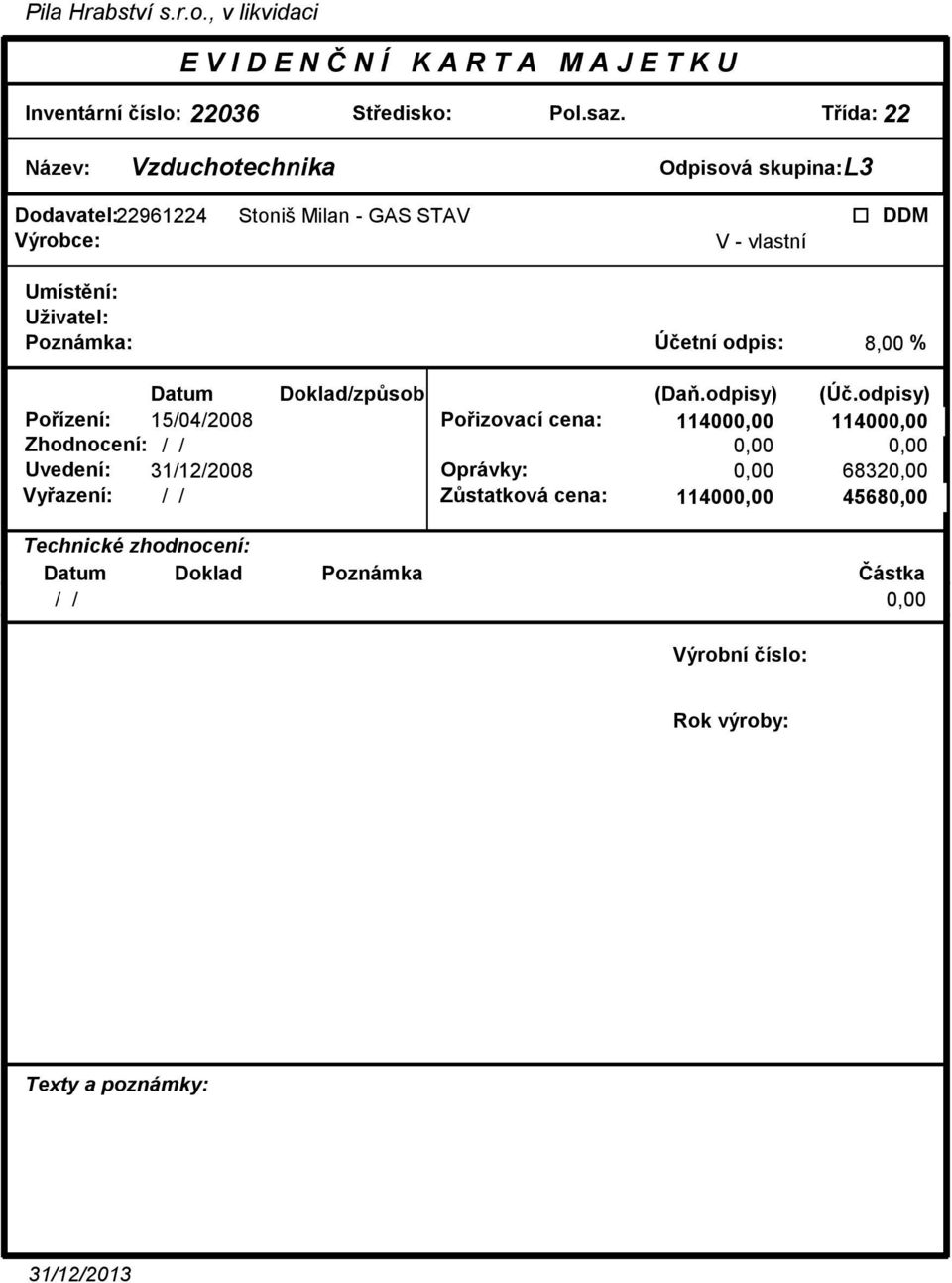 Milan - GAS STAV Poznámka: Úetní odpis: 8,00 % Poízení: 15/04/2008 Poizovací cena: