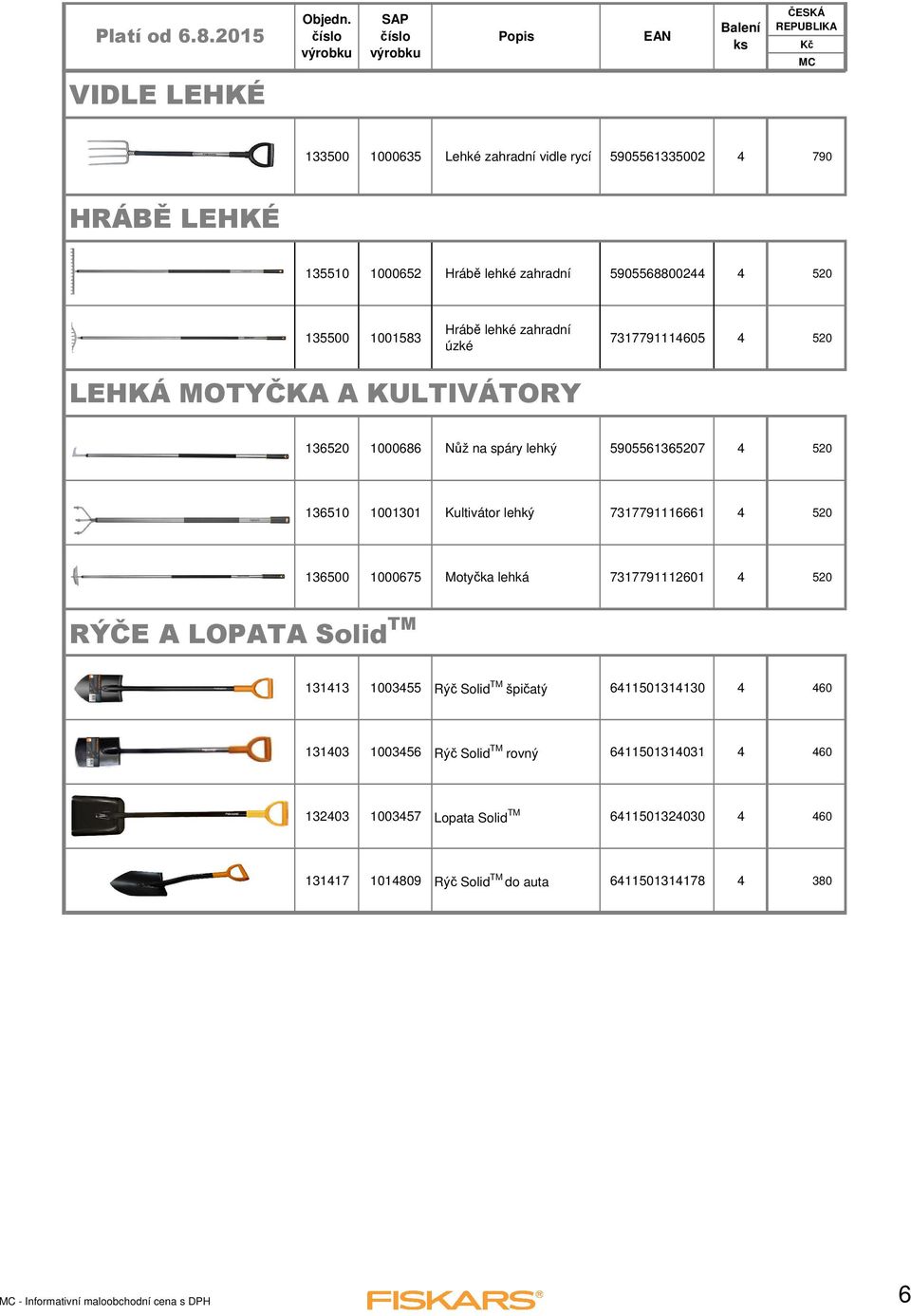 7317791116661 4 520 136500 1000675 Motyčka lehká 7317791112601 4 520 RÝČE A LOPATA Solid TM 131413 1003455 Rýč Solid TM špičatý 6411501314130 4 460 131403 1003456 Rýč