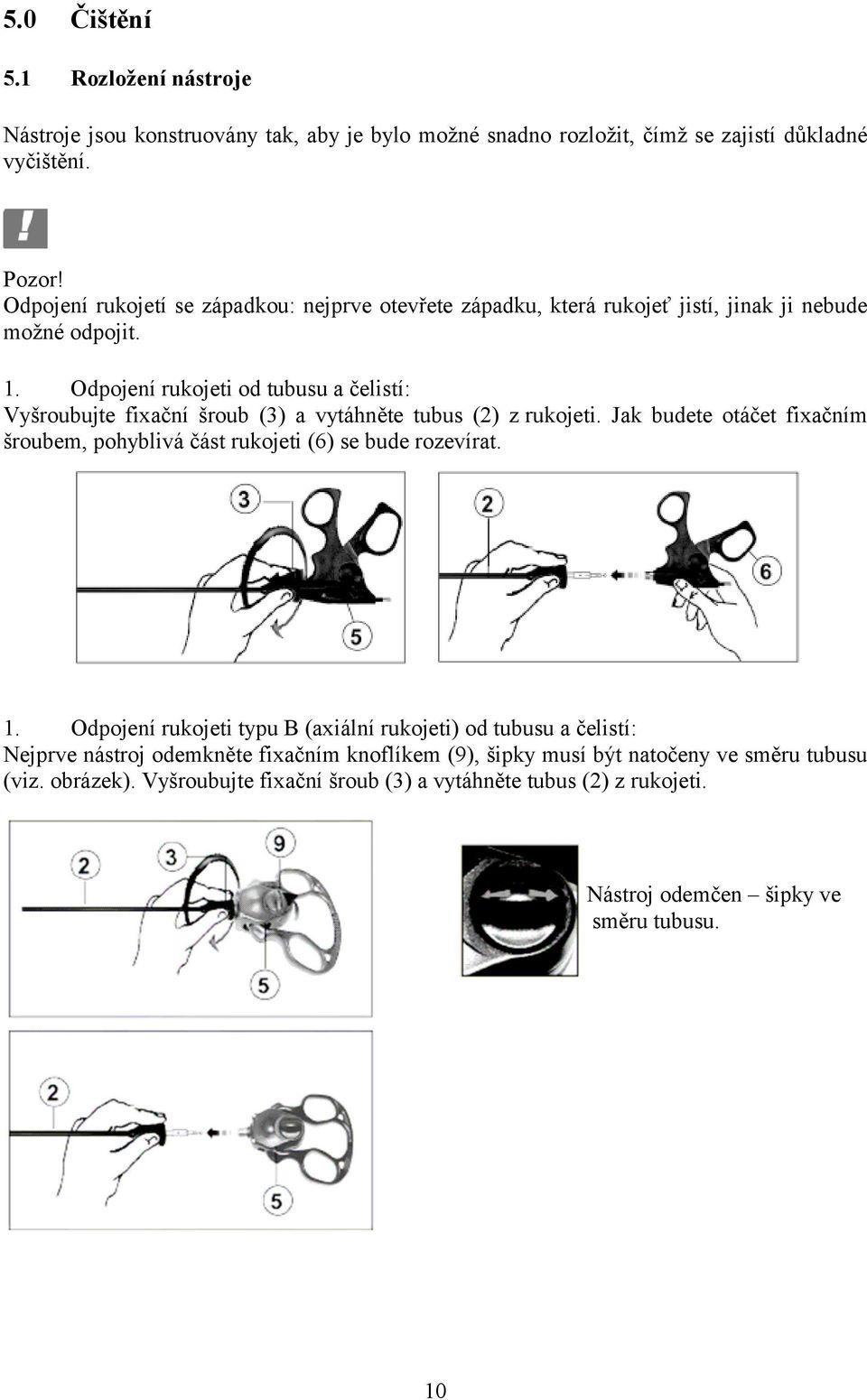 Odpojení rukojeti od tubusu a čelistí: Vyšroubujte fixační šroub (3) a vytáhněte tubus (2) z rukojeti.