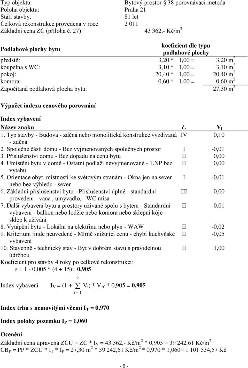 1,00 = 0,60 m 2 Započítaná podlahová plocha bytu: 27,30 m 2 Výpočet indexu cenového porovnání Index vybavení Název znaku č. V i 1.