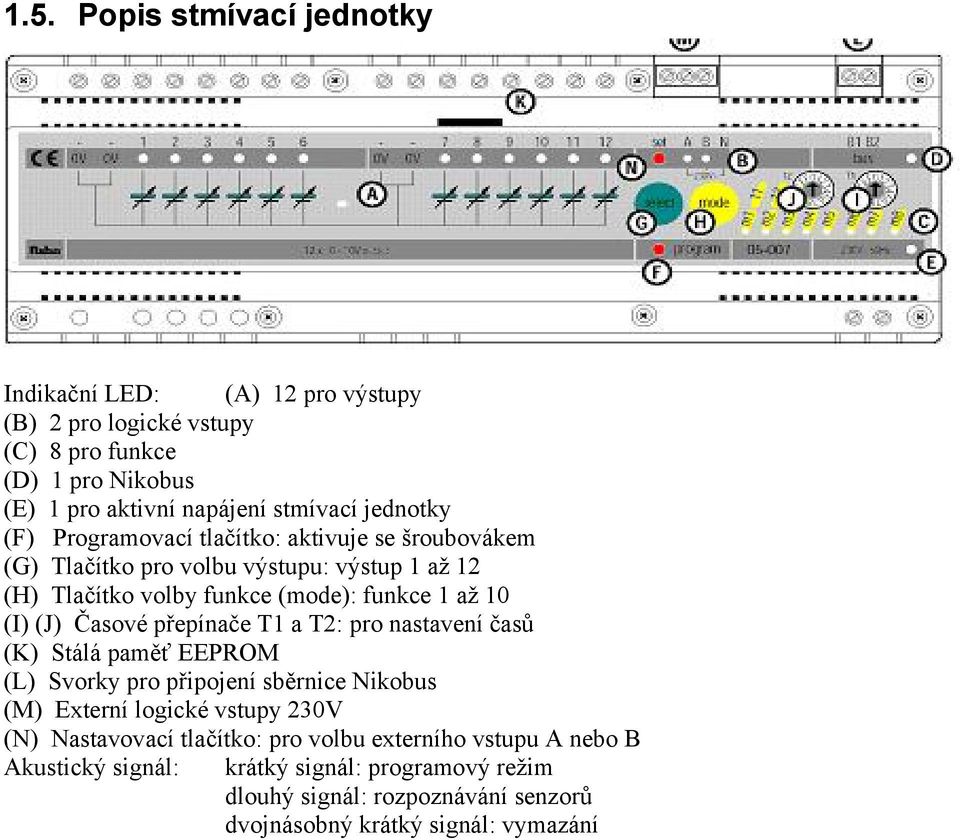 (J) Časové přepínače T1 a T2: pro nastavení časů (K) Stálá paměť EEPROM (L) Svorky pro připojení sběrnice Nikobus (M) Externí logické vstupy 230V (N) Nastavovací