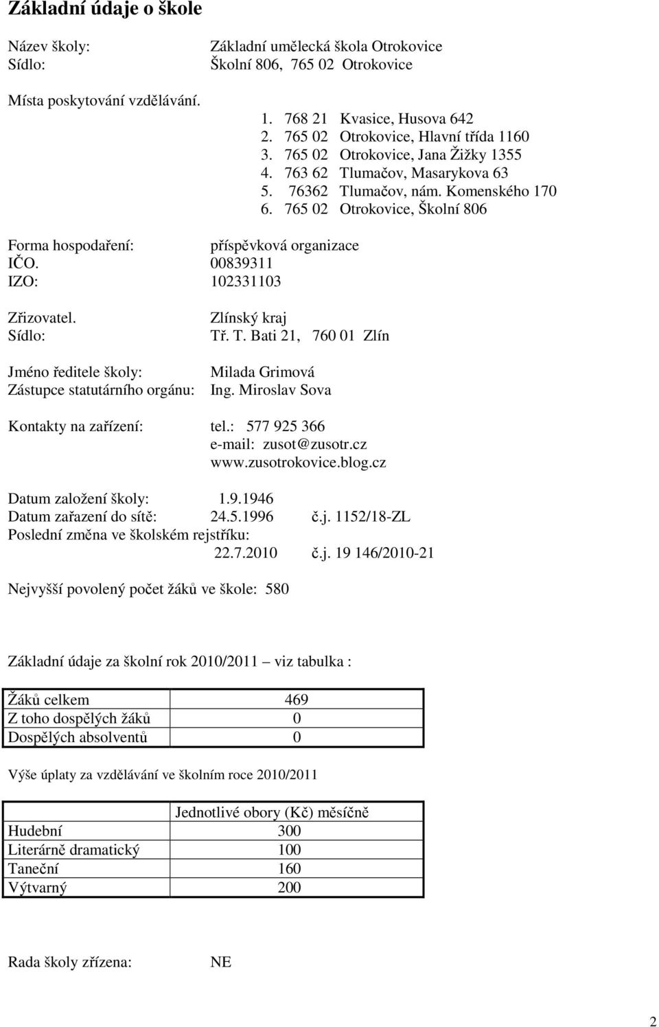 765 02 Otrokovice, Školní 806 Forma hospodaření: příspěvková organizace IČO. 00839311 IZO: 102331103 Zřizovatel. Sídlo: Zlínský kraj Tř