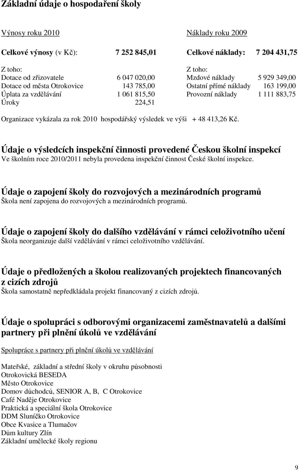 2010 hospodářský výsledek ve výši + 48 413,26 Kč.