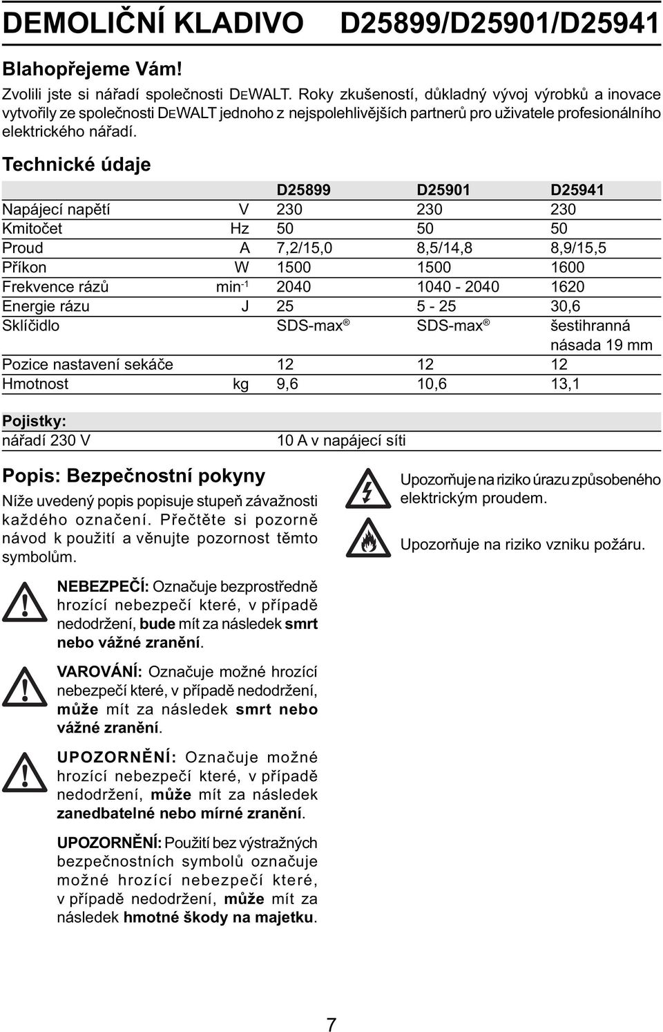 Technické údaje D25899 D25901 D25941 Napájecí napětí V 230 230 230 Kmitočet Hz 50 50 50 Proud A 7,2/15,0 8,5/14,8 8,9/15,5 Příkon W 1500 1500 1600 Frekvence rázů min -1 2040 1040-2040 1620 Energie