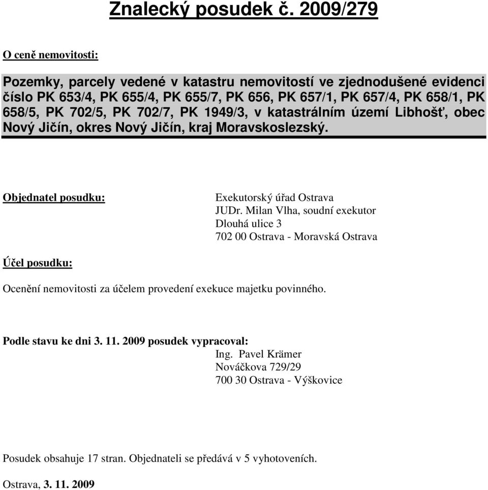 658/5, PK 702/5, PK 702/7, PK 1949/3, v katastrálním území Libhošť, obec Nový Jičín, okres Nový Jičín, kraj Moravskoslezský. Objednatel posudku: Exekutorský úřad Ostrava JUDr.