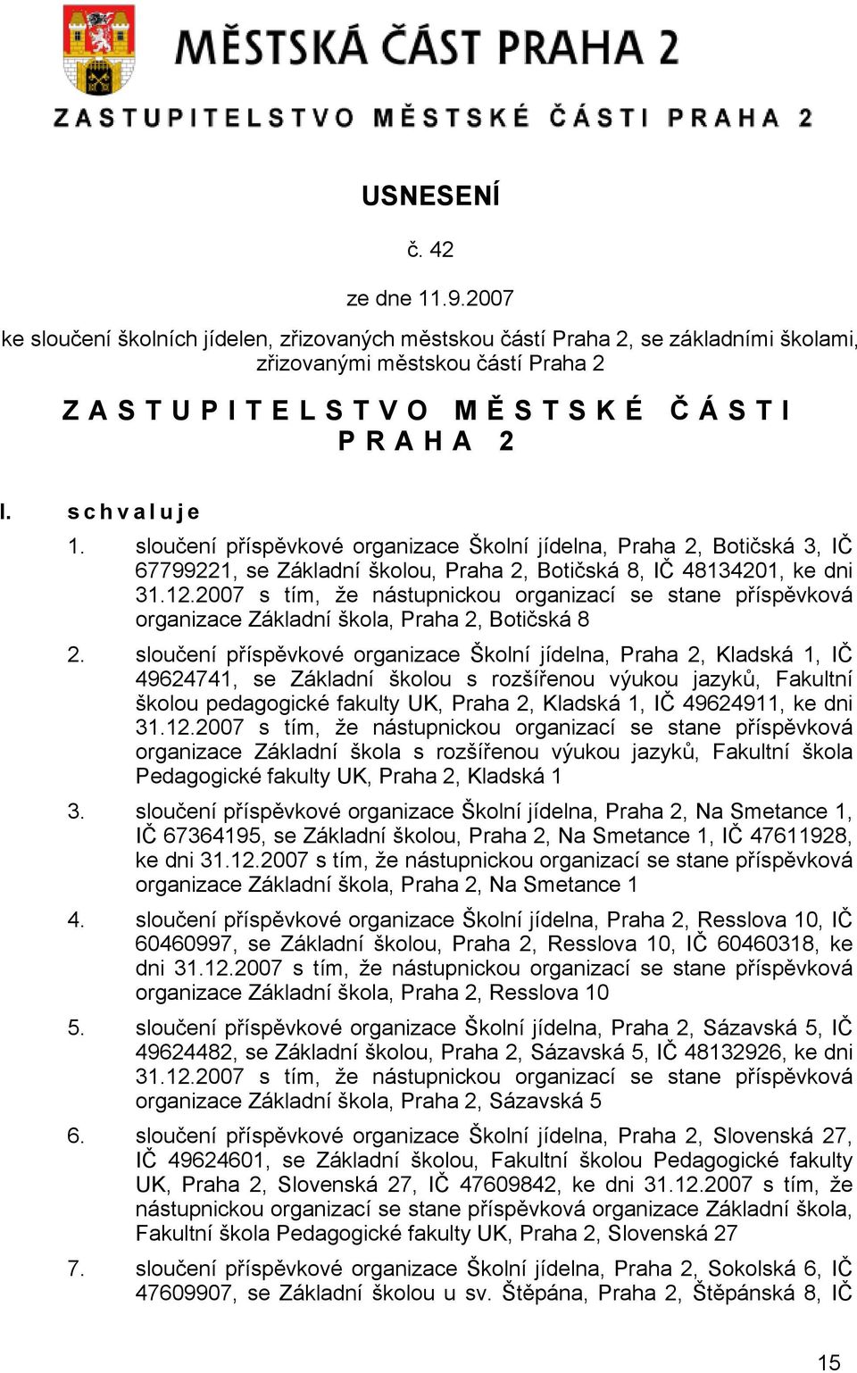 2007 s tím, že nástupnickou organizací se stane příspěvková organizace Základní škola, Praha 2, Botičská 8 2.