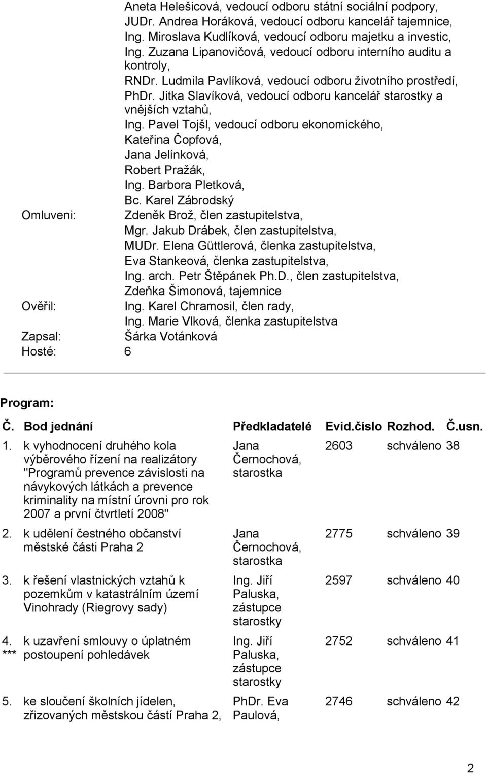 Jitka Slavíková, vedoucí odboru kancelář starostky a vnějších vztahů, Ing. Pavel Tojšl, vedoucí odboru ekonomického, Kateřina Čopfová, Jana Jelínková, Robert Pražák, Ing. Barbora Pletková, Bc.