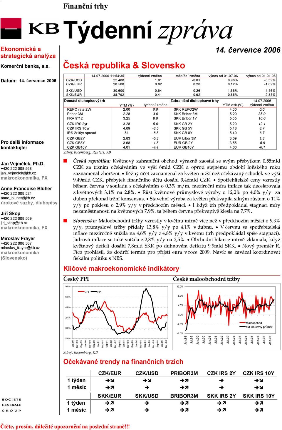 cz úrokové sazby, dluhopisy Jiří Škop +420 222 008 569 jiri_skop@kb.cz makroekonomika, FX Miroslav Frayer +420 222 008 567 miroslav_frayer@kb.cz makroekonomika (Slovensko) 14.07.