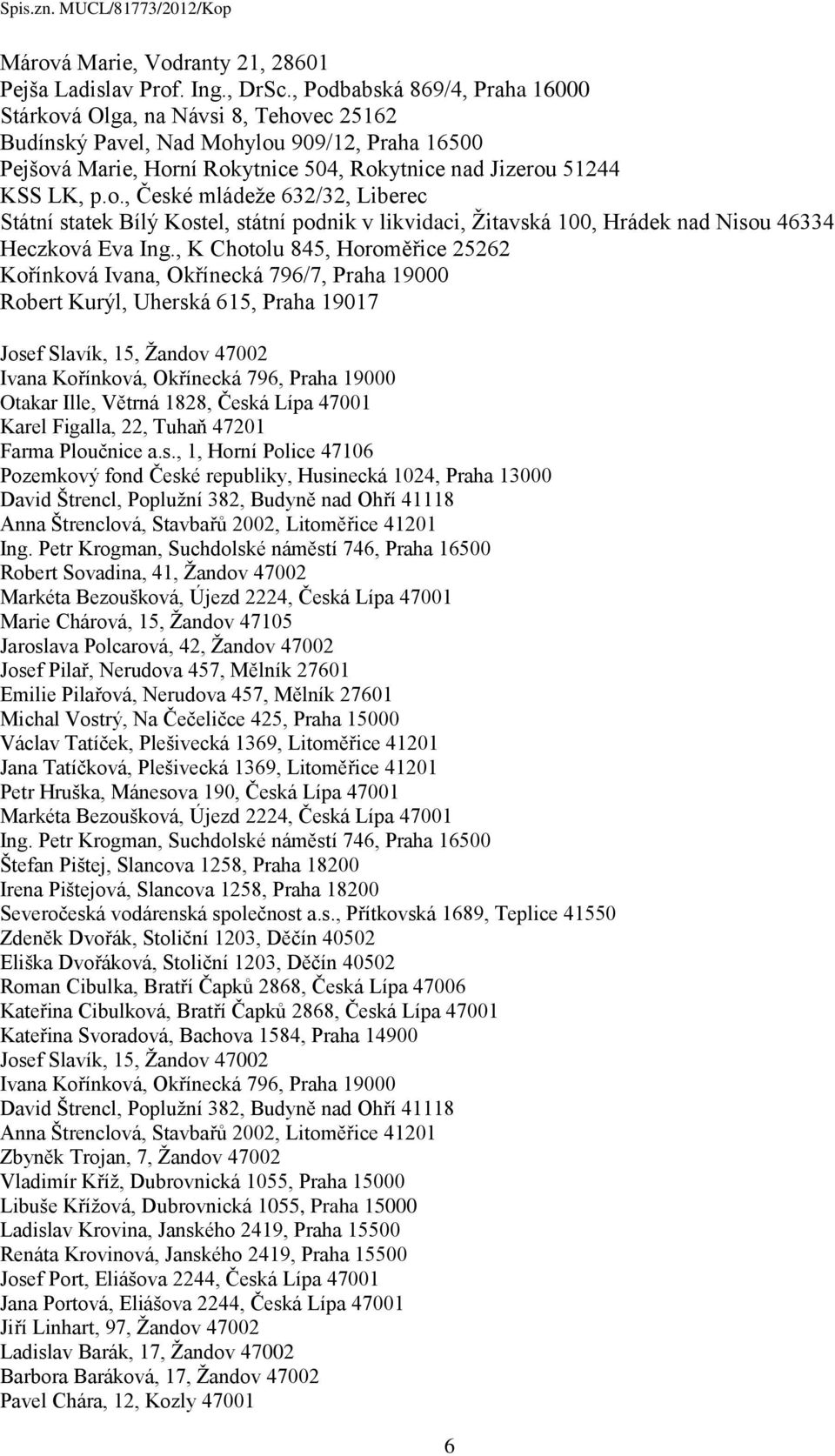 , K Chotolu 845, Horoměřice 25262 Kořínková Ivana, Okřínecká 796/7, Praha 19000 Robert Kurýl, Uherská 615, Praha 19017 Josef Slavík, 15, Žandov 47002 Ivana Kořínková, Okřínecká 796, Praha 19000