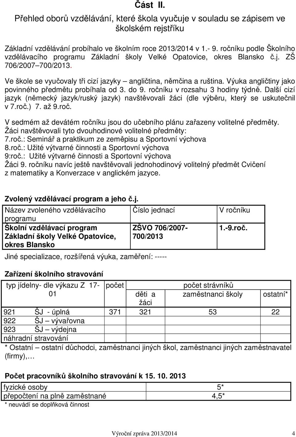 Výuka angličtiny jako povinného předmětu probíhala od 3. do 9. ročníku v rozsahu 3 hodiny týdně. Další cizí jazyk (německý jazyk/ruský jazyk) navštěvovali žáci (dle výběru, který se uskutečnil v 7.