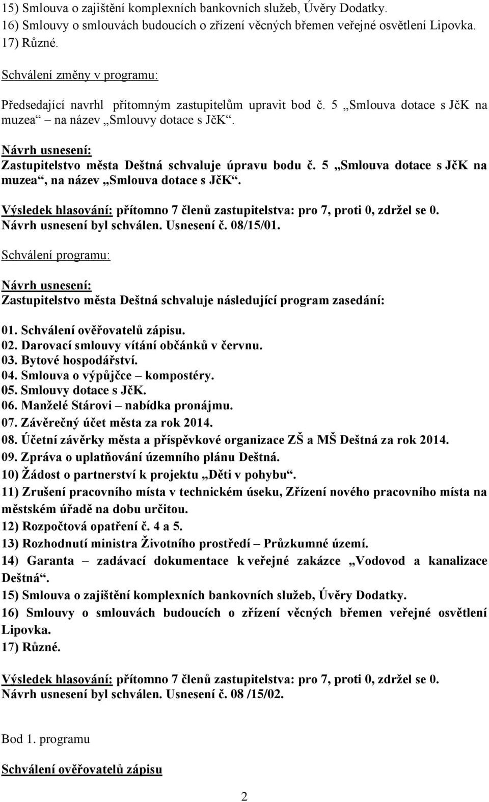 Zastupitelstvo města Deštná schvaluje úpravu bodu č. 5 Smlouva dotace s JčK na muzea, na název Smlouva dotace s JčK. Výsledek hlasování: přítomno 7 členů zastupitelstva: pro 7, proti 0, zdržel se 0.