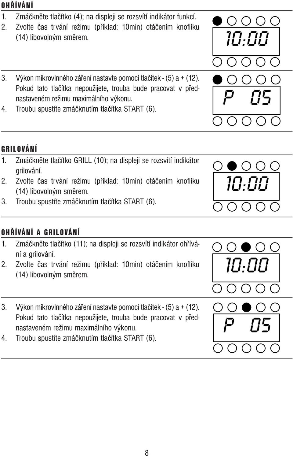 Troubu spustíte zmáčknutím tlačítka START (6). P 05 GRILOVÁNÍ 1. Zmáčkněte tlačítko GRILL (10); na displeji se rozsvítí indikátor grilování. 2.