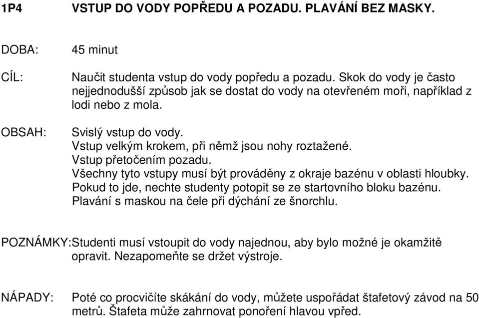 Vstup přetočením pozadu. Všechny tyto vstupy musí být prováděny z okraje bazénu v oblasti hloubky. Pokud to jde, nechte studenty potopit se ze startovního bloku bazénu.