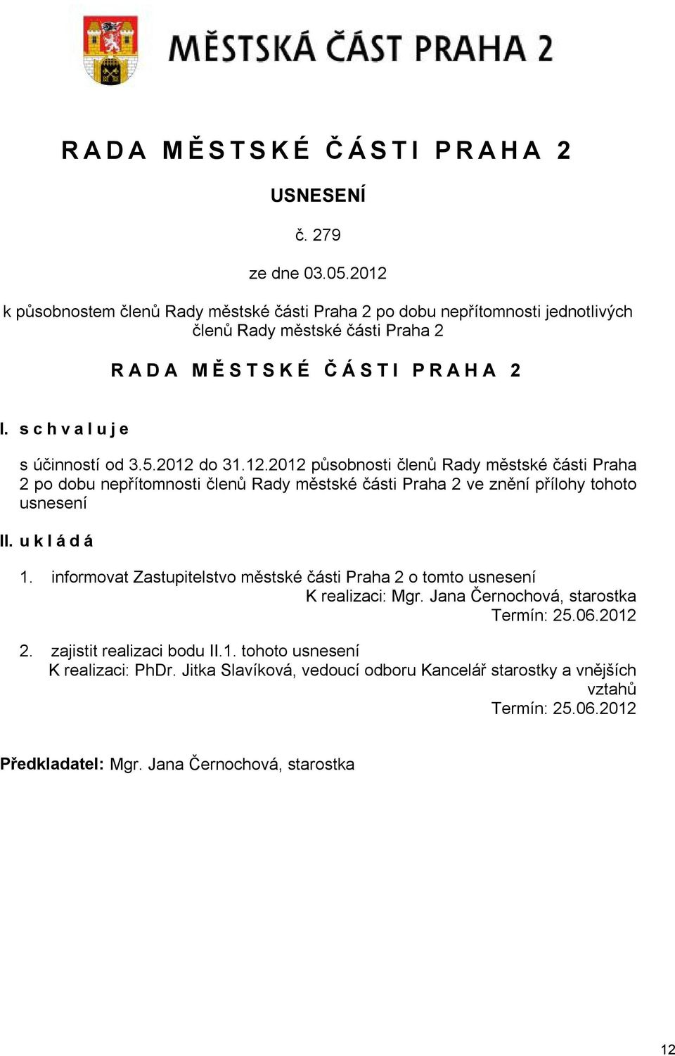 2012 do 31.12.2012 působnosti členů Rady městské části Praha 2 po dobu nepřítomnosti členů Rady městské části Praha 2 ve znění přílohy tohoto usnesení II. u k l á d á 1.