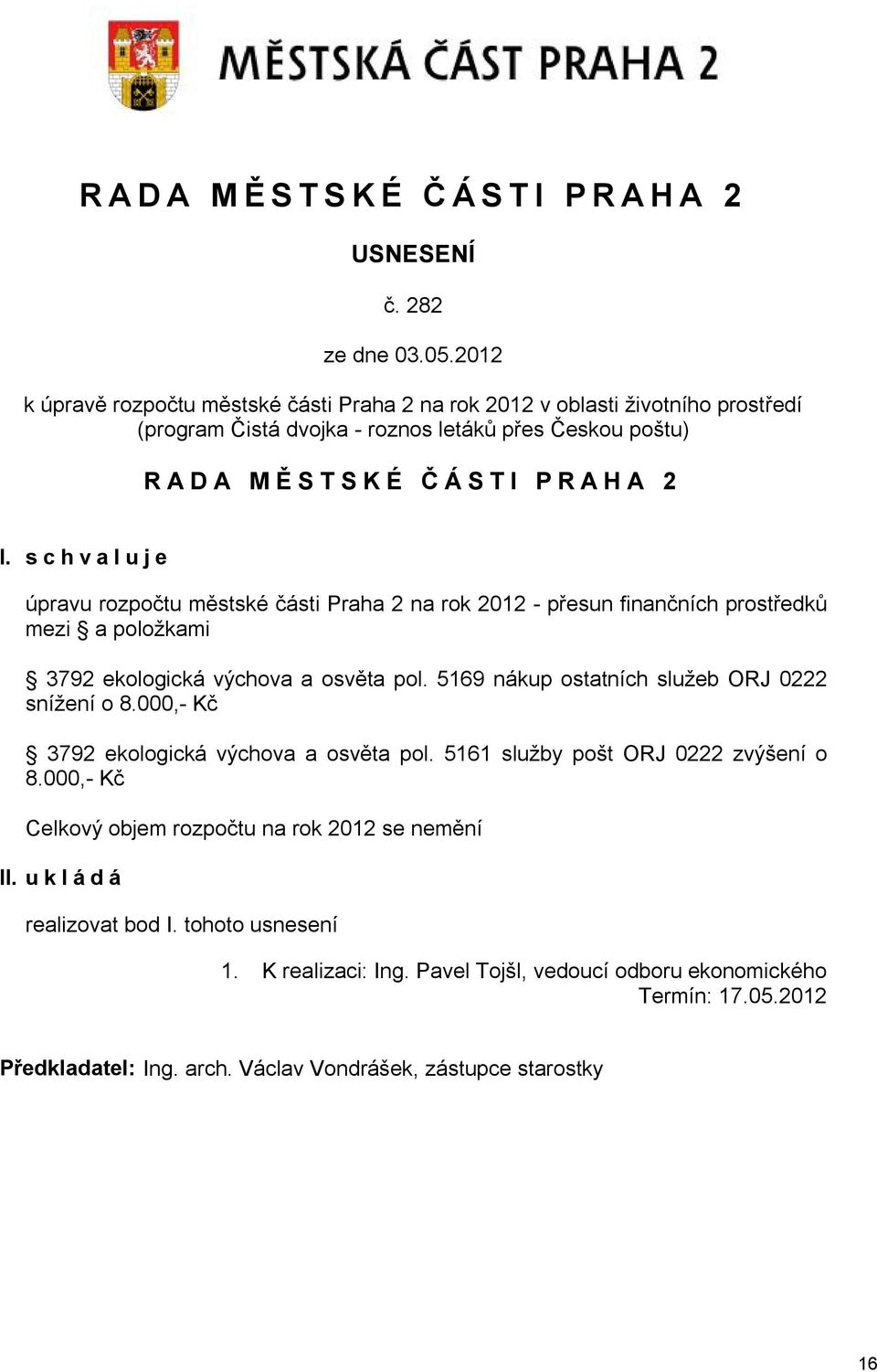 schvaluje úpravu rozpočtu městské části Praha 2 na rok 2012 - přesun finančních prostředků mezi a položkami 3792 ekologická výchova a osvěta pol.