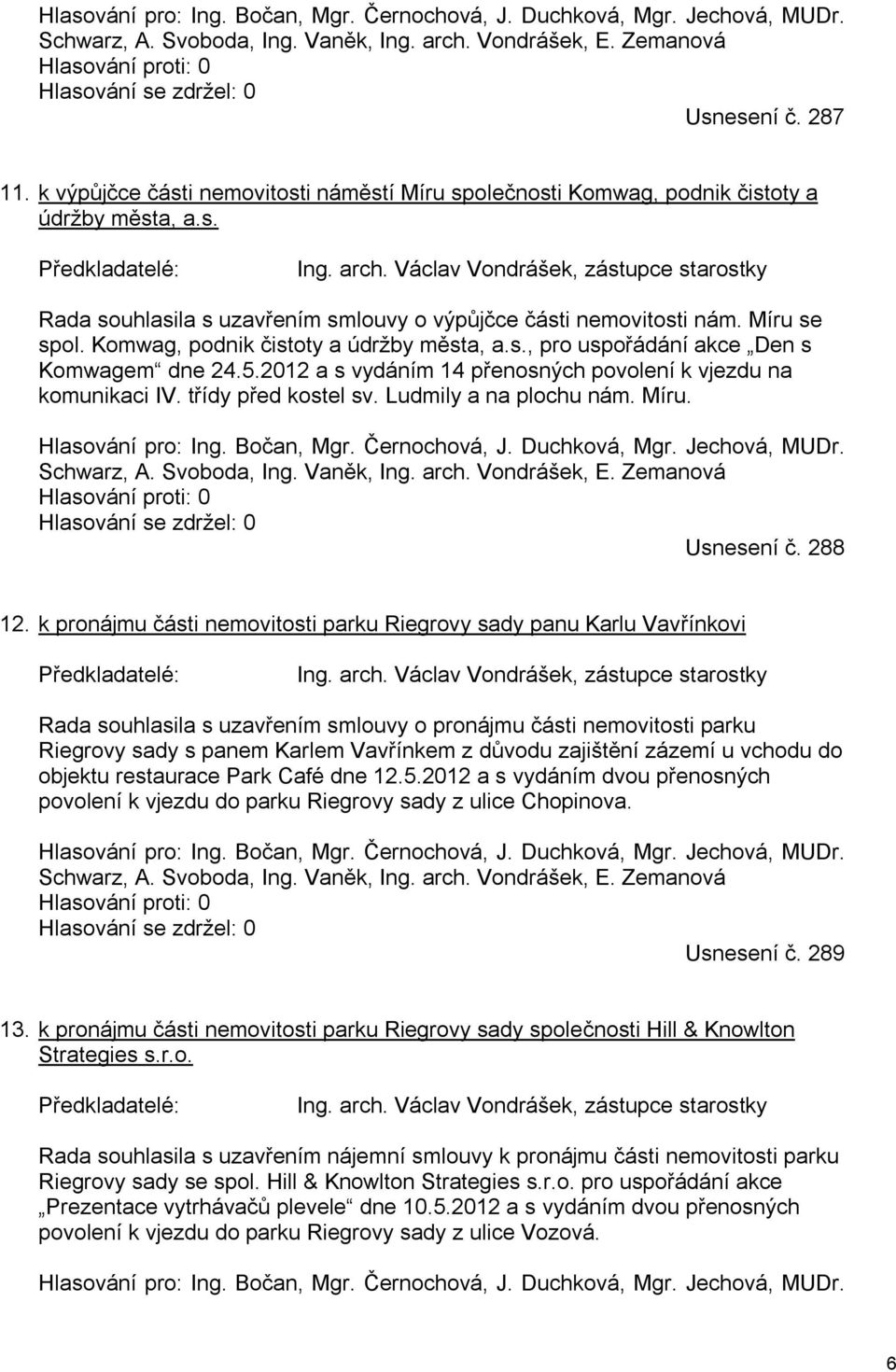 Václav Vondrášek, zástupce starostky Rada souhlasila s uzavřením smlouvy o výpůjčce části nemovitosti nám. Míru se spol. Komwag, podnik čistoty a údržby města, a.s., pro uspořádání akce Den s Komwagem dne 24.