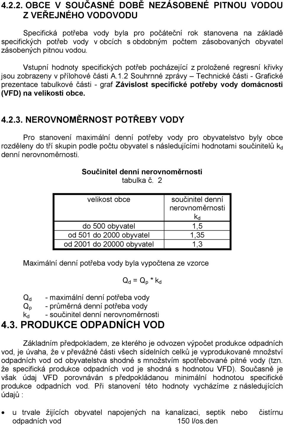 2 Souhrnné zprávy Technické části - Grafické prezentace tabulkové části - graf Závislost specifické potřeby vody domácnosti (VFD) na velikosti obce. 4.2.3.