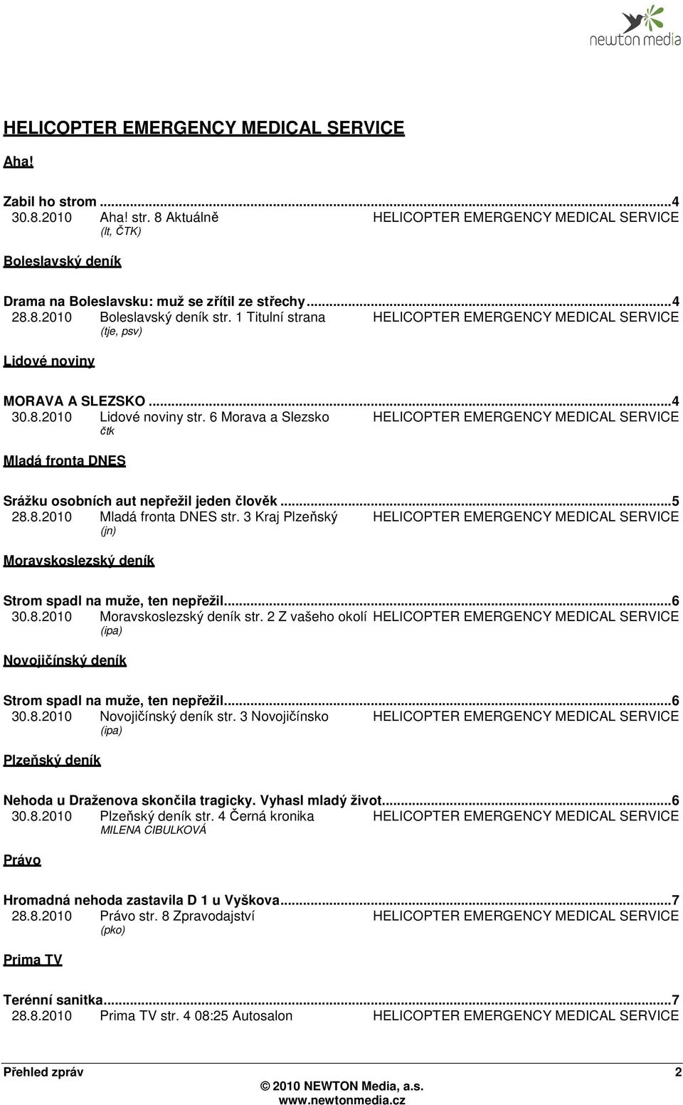 6 Morava a Slezsko HELICOPTER EMERGENCY MEDICAL SERVICE čtk Mladá fronta DNES Srážku osobních aut nepřežil jeden člověk... 5 28.8.2010 Mladá fronta DNES str.