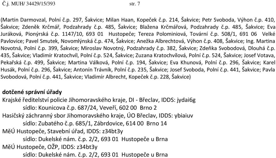 p. 408, Šakvice; Ing. Martina Novotná, Polní č.p. 399, Šakvice; Miroslav Novotný, Podzahrady č.p. 382, Šakvice; Zdeňka Svobodová, Dlouhá č.p. 435, Šakvice; Vladimír Kratochvíl, Polní č.p. 524, Šakvice; Zuzana Kratochvílová, Polní č.