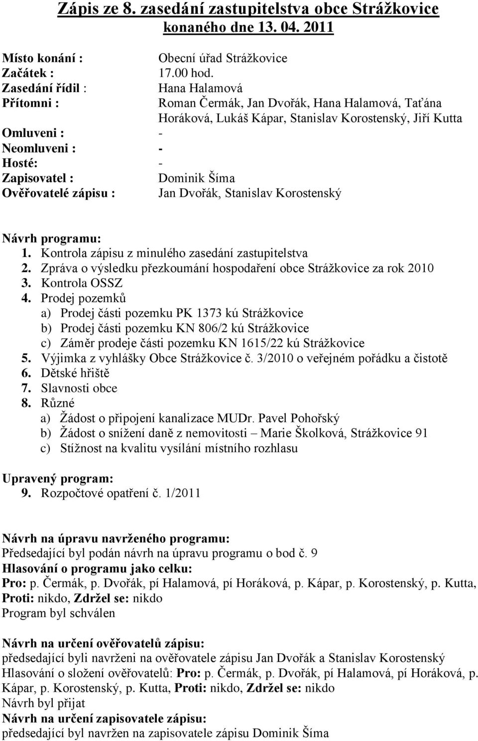 Hana Halamová Roman Čermák, Jan Dvořák, Hana Halamová, Taťána Horáková, Lukáš Kápar, Stanislav Korostenský, Jiří Kutta Dominik Šíma Jan Dvořák, Stanislav Korostenský Návrh programu: 1.