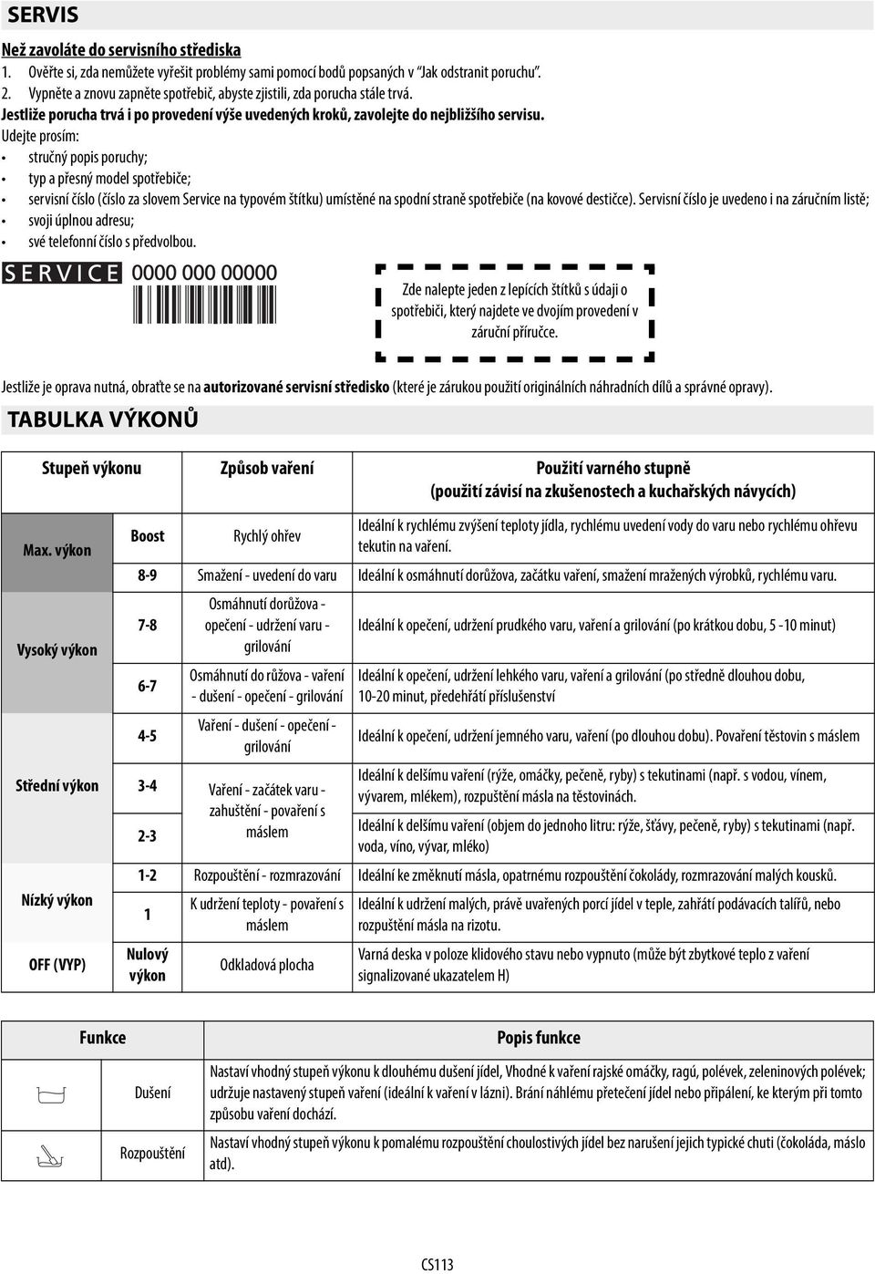 Udejte prosím: stručný popis poruchy; typ a přesný model spotřebiče; servisní číslo (číslo za slovem Service na typovém štítku) umístěné na spodní straně spotřebiče (na kovové destičce).