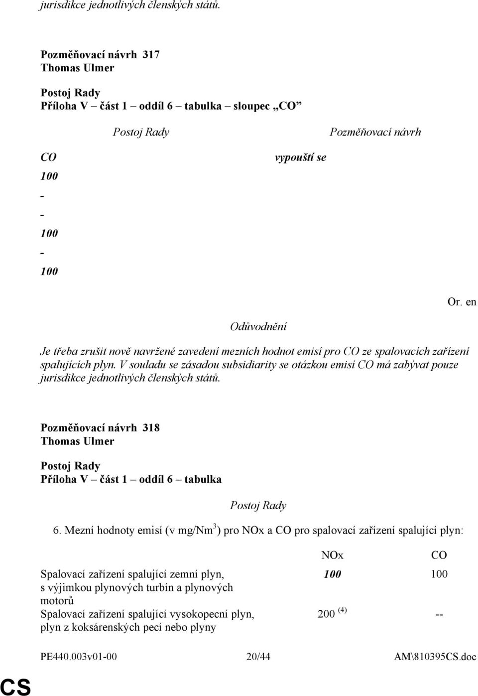 zařízení spalujících plyn. V souladu se zásadou subsidiarity se otázkou emisí CO má zabývat pouze  318 Thomas Ulmer Příloha V část 1 oddíl 6 tabulka 6.