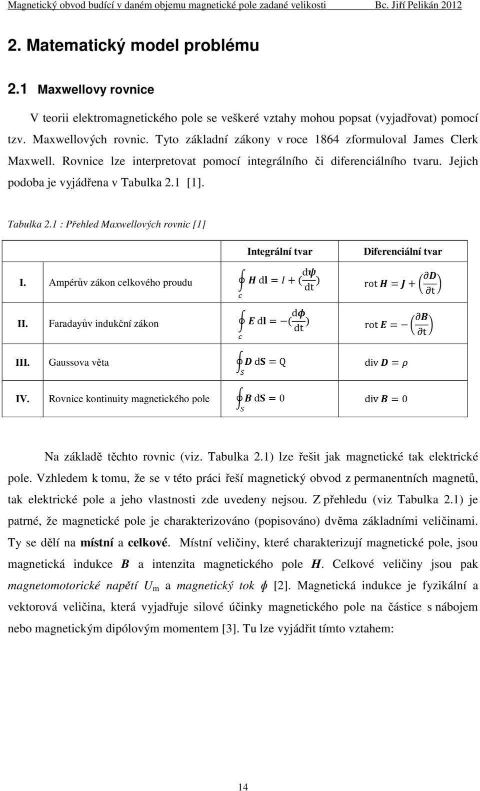 1 [1]. Tabulka 2.1 : Přehled Maxwellových rovnic [1] Integrální tvar I. Ampérův zákon celkového proudu d = +( d dt ) II. Faradayův indukční zákon d = ( d dt ) III. Gaussova věta d =Q IV.