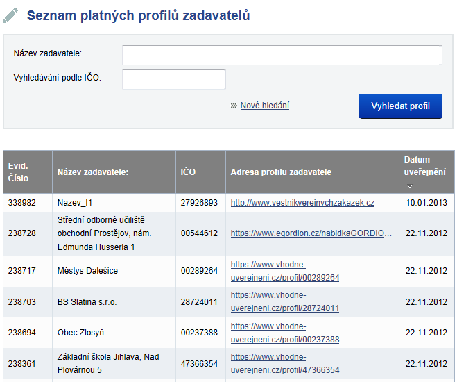 Hlavní menu Vyhledat Profil Profil zadavatele je podle zákona č. 137/2006 Sb.