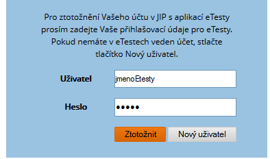 V aplikaci etesty jsou zavedeni uživatelé předchozí verze aplikace etesty. Ztotožnění uživatele je provedeno na základě přihlašovacích údajů vedených v aplikaci etesty.