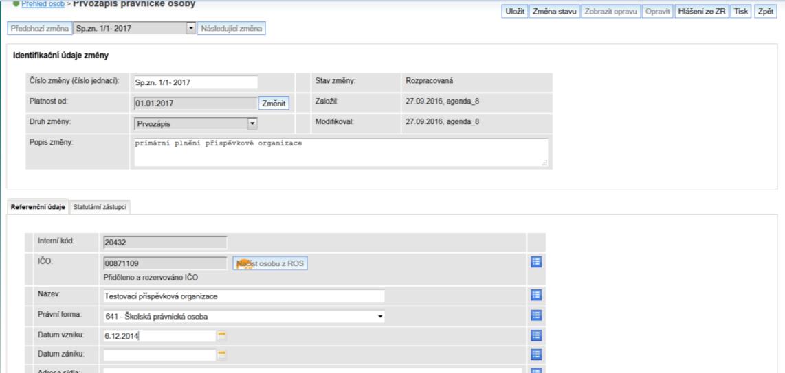 Obrázek 9: Editace referenčního údaje (datum vzniku) b) Statutární zástupce i) Odstranění statutárního zástupce 1.