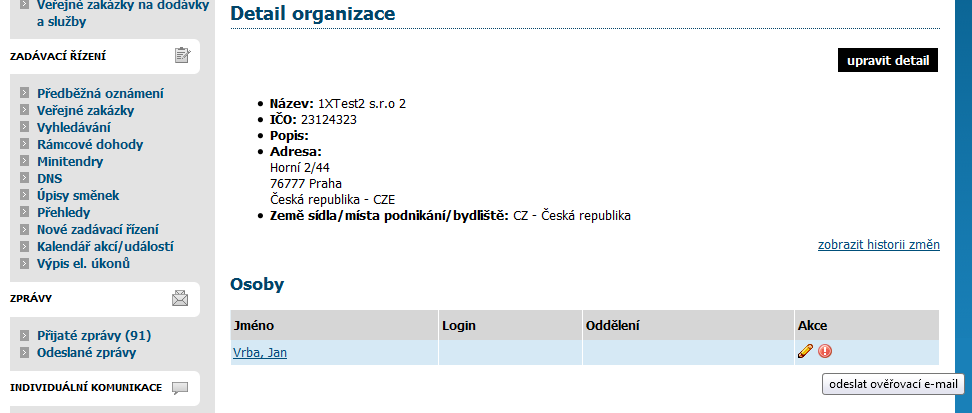 Po načtení seznamu dodavatelů najde zadavatel předregistrovaného dodavatele a kliknutím na název otevře jeho detail.