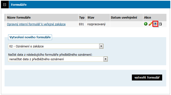 10.8. Opravný interní formulář - E01 Formulář E01 nabízí u zakázek možnost rychlé změny lhůt a jiných údajů v nastavení VZ, změna režimu kvalifikační dokumentace a zadávací dokumentace, změna