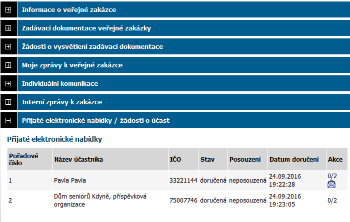 Zadavateli se přijaté el. nabídky zobrazují v bloku Přijaté elektronické nabídky / žádosti o účast.