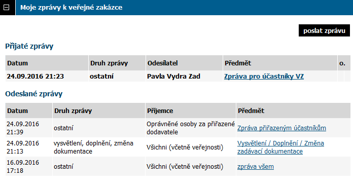 Obrázek 76: Seznam zpráv k VZ a akce pro odeslání jiné/ostatní zprávy (zadavatel) Po kliknutí na tlačítko poslat zprávu se otevře stránka s formulářem pro vytvoření jiné zprávy (druh zprávy ostatní),