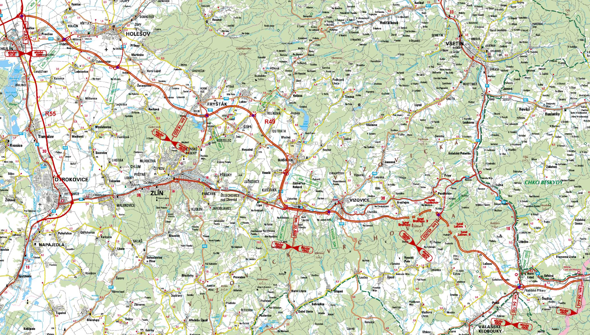 Celý tah silničního propojení D49 R6 Dálnice D49 Hulín - Fryšták Vizovice Střelná hranice ČR/SR je 59,4 km dlouhá a dělí se do pěti staveb D 4901 Hulín Fryšták (16,5km) D 4902.