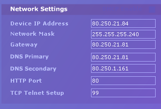 Network Settings Blok obsahuje základní nastavení síťových parametrů pro komunikaci v Ethernetu: Device IP address IP adresa jednotky, po změně nastavení je nutné restartovat zařízení Network mask