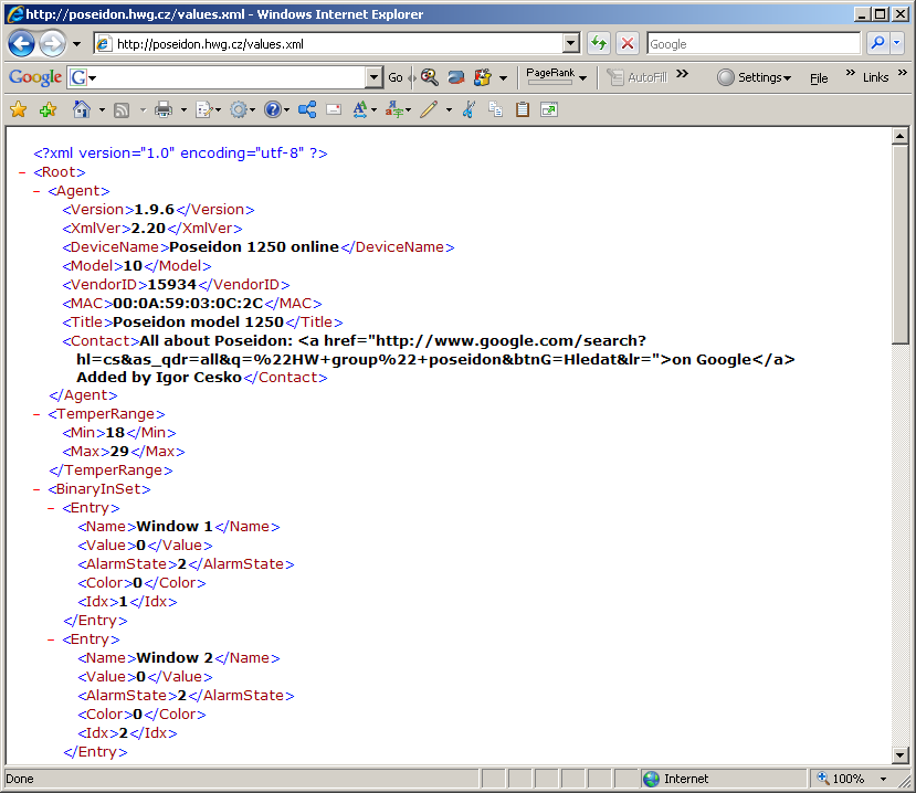 XML popis rozhraní Poseidon podporuje XML soubory: values.