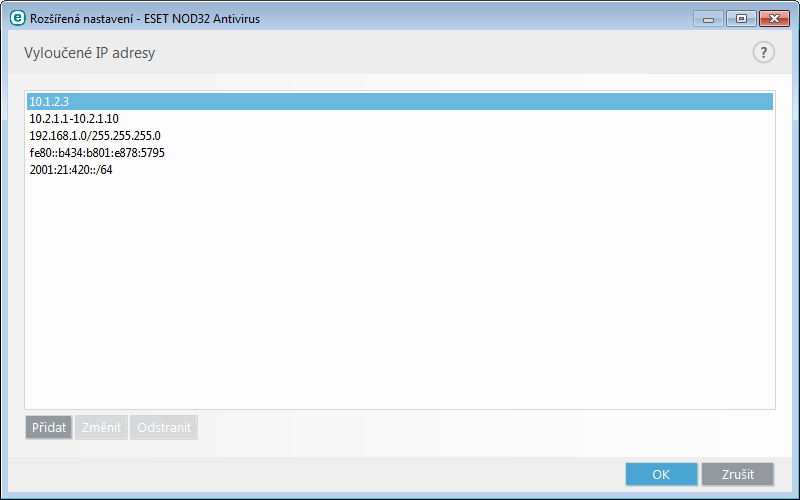 4.2.3.3 Vyloučené IP adresy IP adresy uvedené v tomto seznamu budou vyloučeny z filtrování protokolů.
