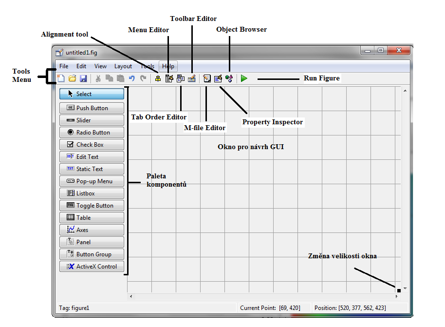 Obrázek 11 Layout editor Funkční GUI se generuje aktivováním návrhu vytvořeného v Layout Editoru vybráním Run Figure (zelené tlačítko na obrázku 11) položky v Tools menu.