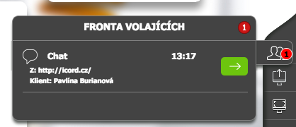 3.2. Přijetí klienta do chatu Operátor je v místnosti sám, dokud se klient nepřihlásí, neobjeví se ve frontě volajících a operátor jej nepřijme do místnosti.