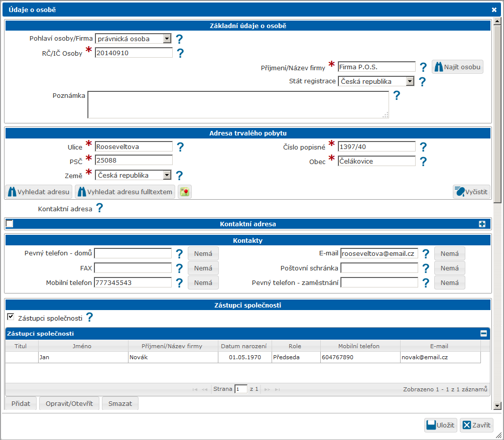 Obr: Vyplněná karta osoby včetně přidaného zástupce společnosti Po vyplnění všech požadovaných položek je možné osobu [Uložit].