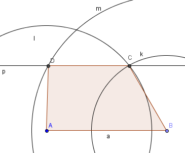 2.) Vrchol D leží na průsečíku přímky rovnoběžné se stranou a vedenou bodem C a kružnice k (B, r = 9cm) (úhlopříčka f). Postup konstrukce: 1. Strana a; Úsečka s pevnou délkou Bod A, délka 9. 2.