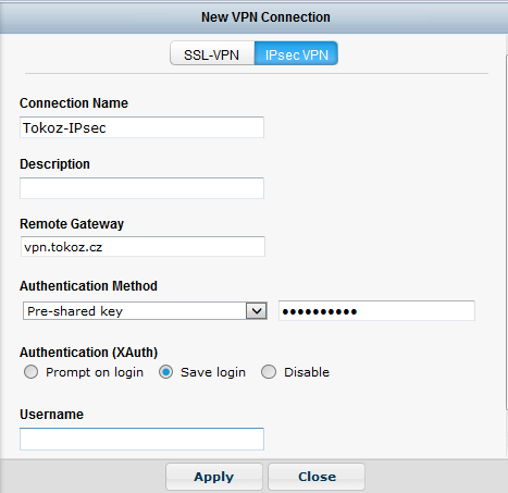 Vyberete IPsec VPN, vyplníte Connection Name, nastavíte gateway vpn.tokoz.cz, Autentifikační metodu zvolíte Pre-shared key a klíč vložíte tokozipsec.