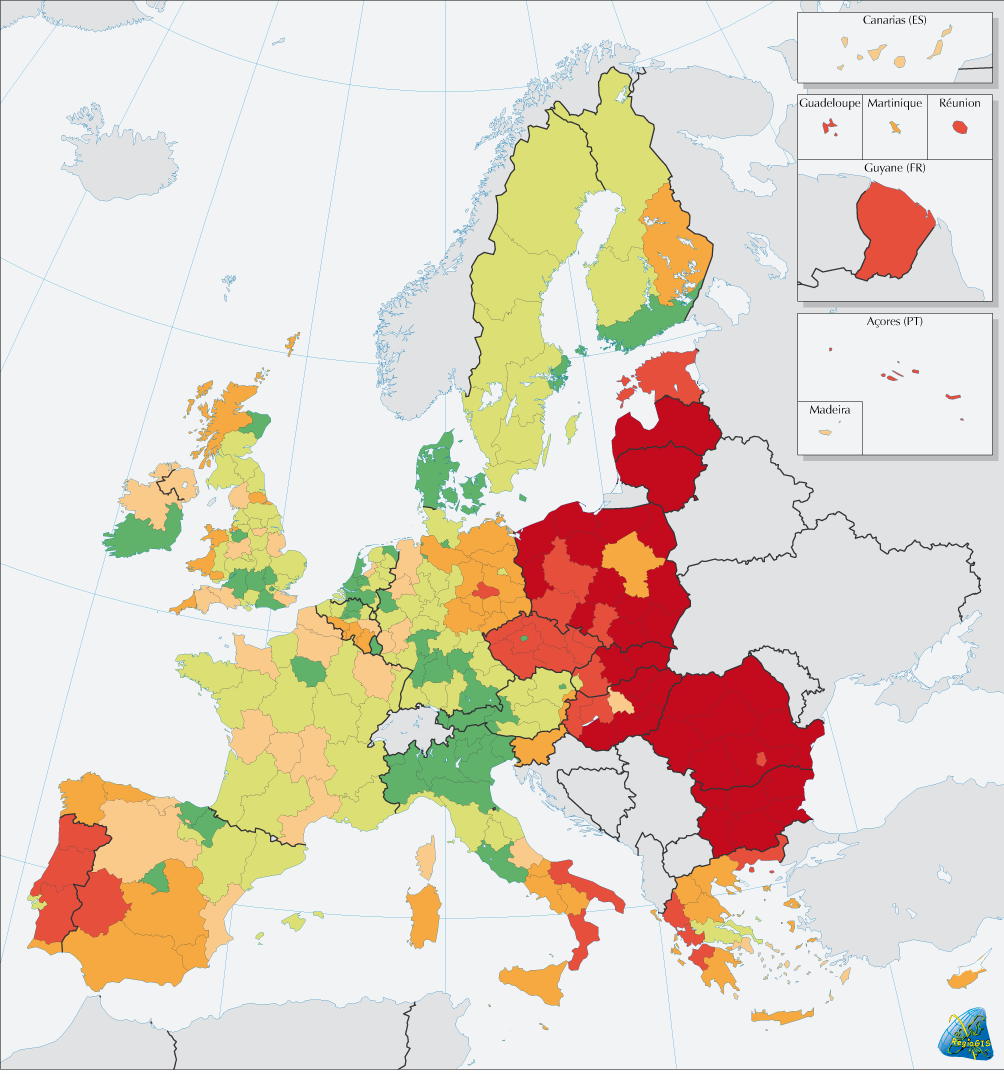 Rozdíly mezi regiony v EU27 HDP na obyvatele měřený paritou